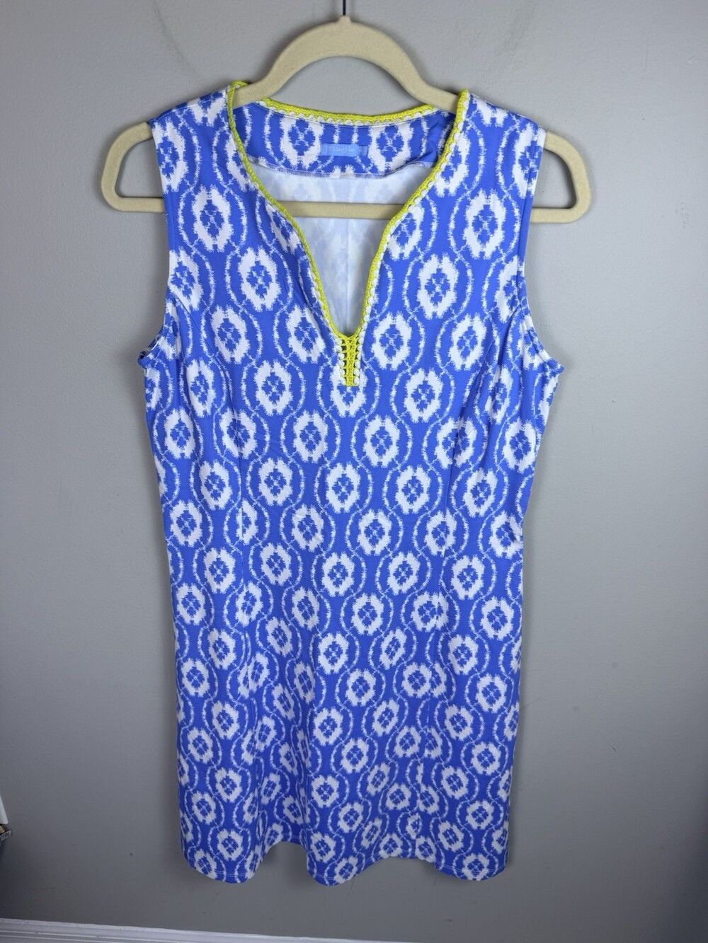 J McLaughlin Dress Women's Medium Sleeveless Blue Yellow Print Geometric Stretch